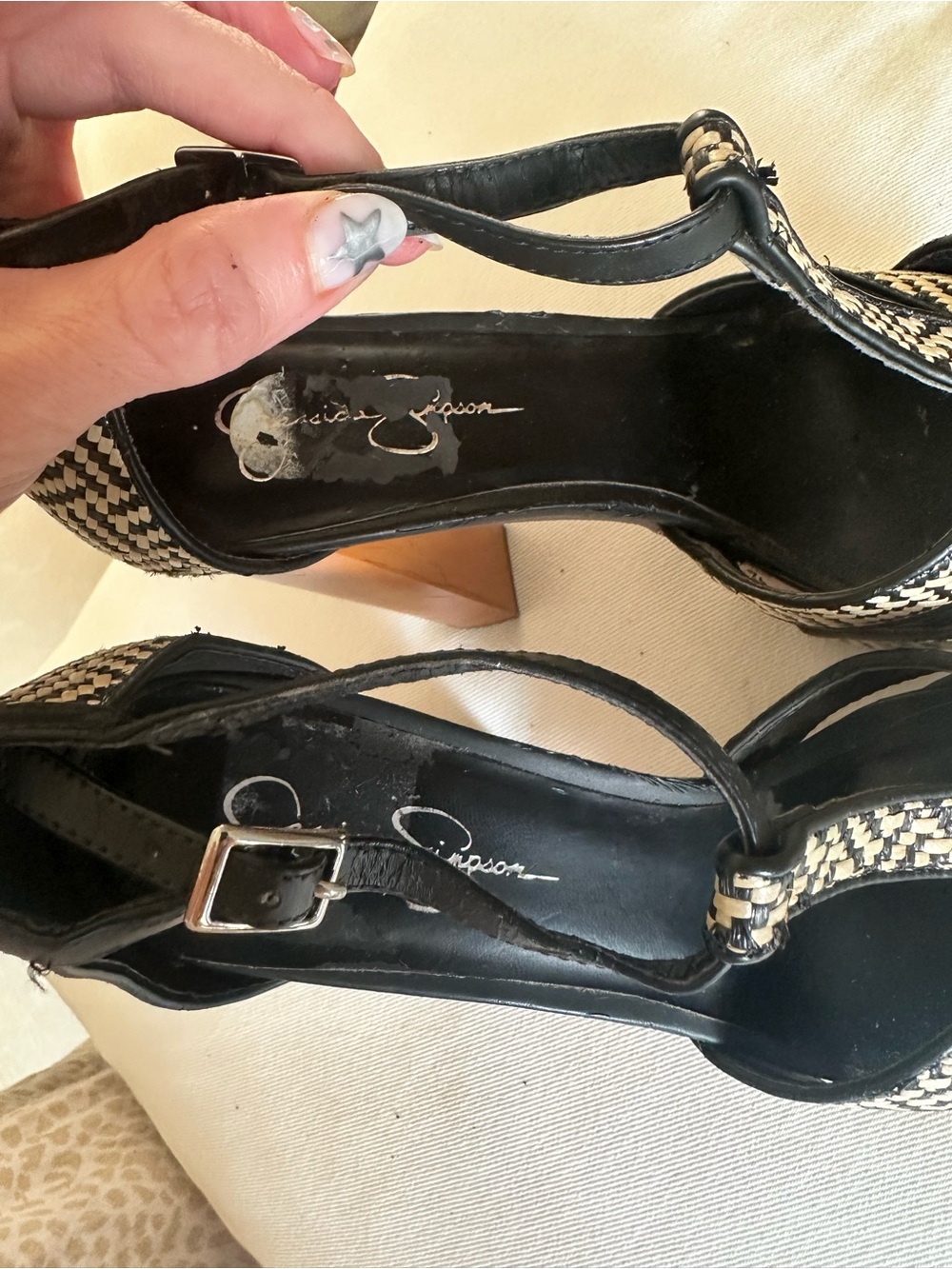 Jessica Simpson Dany Black and Cream Woven Platform Sandals with Wood Block Heel - Picture 11 of 11